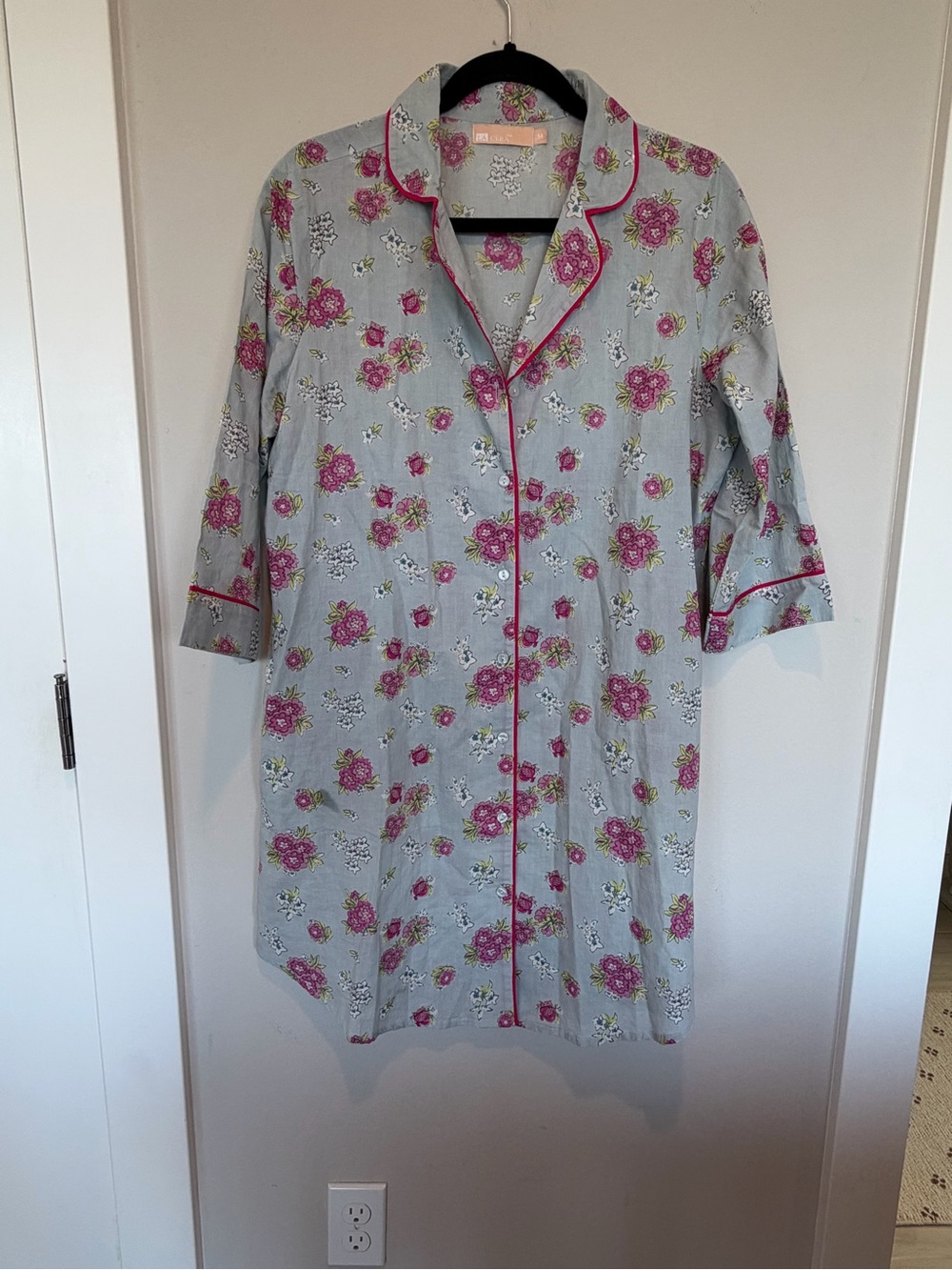 BlockprintFloral Button-Front Nightshirt with Pink Trim - Women